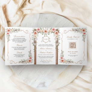 Rustic Wood Boho Floral All in One Canopy Wedding Tri-Fold Invitation
