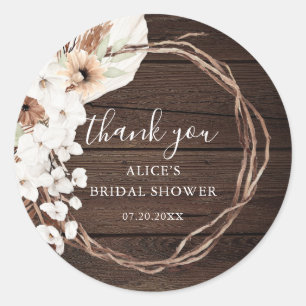 Rustic Wood Boho Floral Bridal Shower Classic Round Sticker
