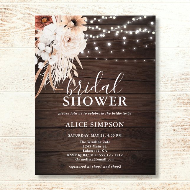 Rustic Wood Boho Floral Budget Bridal Shower Invitation Postcard (Creator Uploaded)