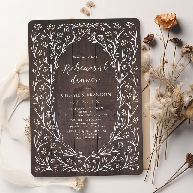 Rustic Wood Boho Floral Country Rehearsal Dinner Invitation (Rustic Wood Boho Floral Country Rehearsal Dinner Invitation)