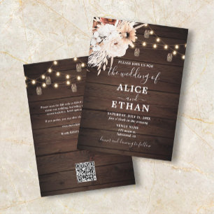 Rustic Wood Boho Floral Fall QR Code Wedding Invitation