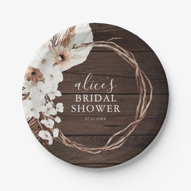 Rustic Wood Boho Floral Script Bridal Shower Paper Plate (Front)