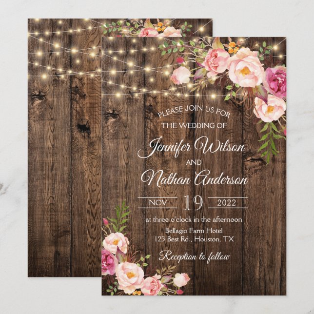 Rustic Wood Boho Floral String Lights Wedding Invitation (Front/Back)