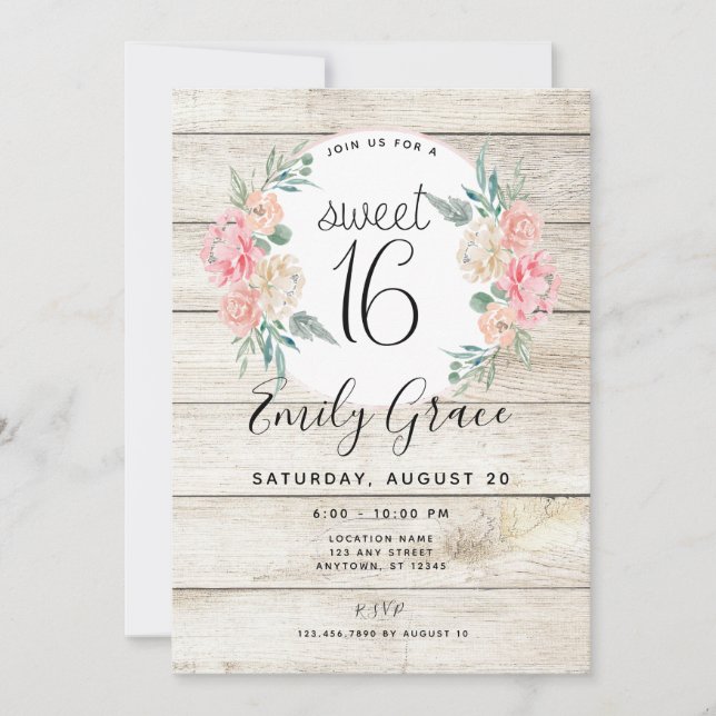 Rustic Wood Boho Floral Sweet 16 Birthday Invite (Front)