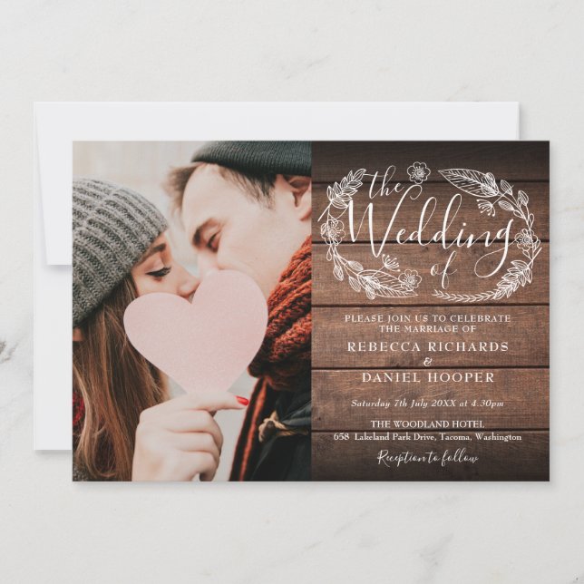 Rustic Wood Boho Foliage Photo All In One Wedding Invitation (Front)