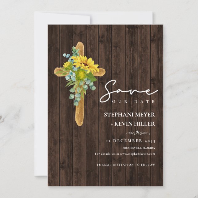 Rustic Wood Boho Sunflower Cross Wedding Save The Date (Front)