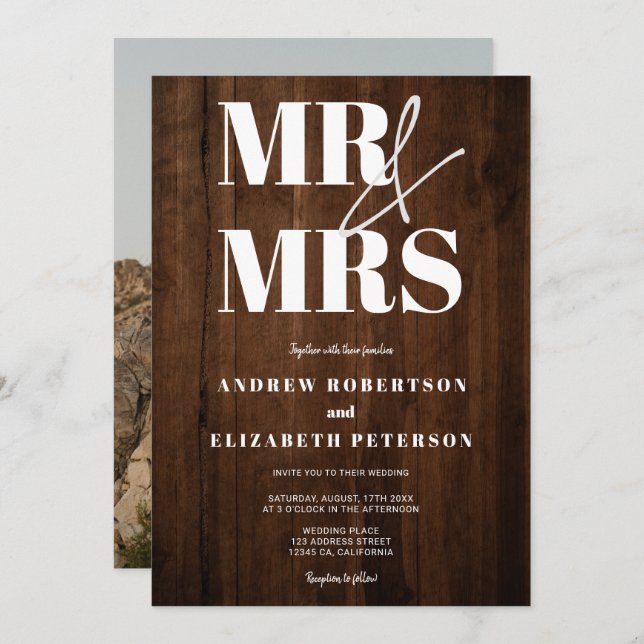 Rustic wood bold Mr Mrs script photo wedding Invitation (Front/Back)