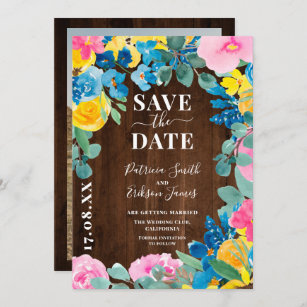 Rustic wood bold summer floral photo wedding save the date