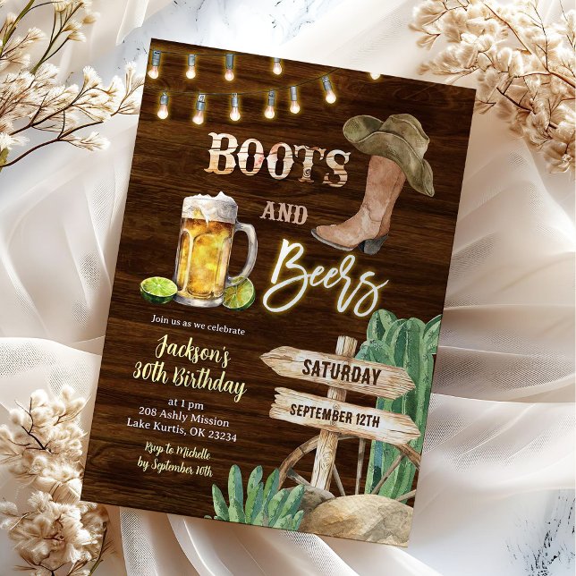Rustic Wood Boots and Beers Man Birthday Invitation (Creator Uploaded)