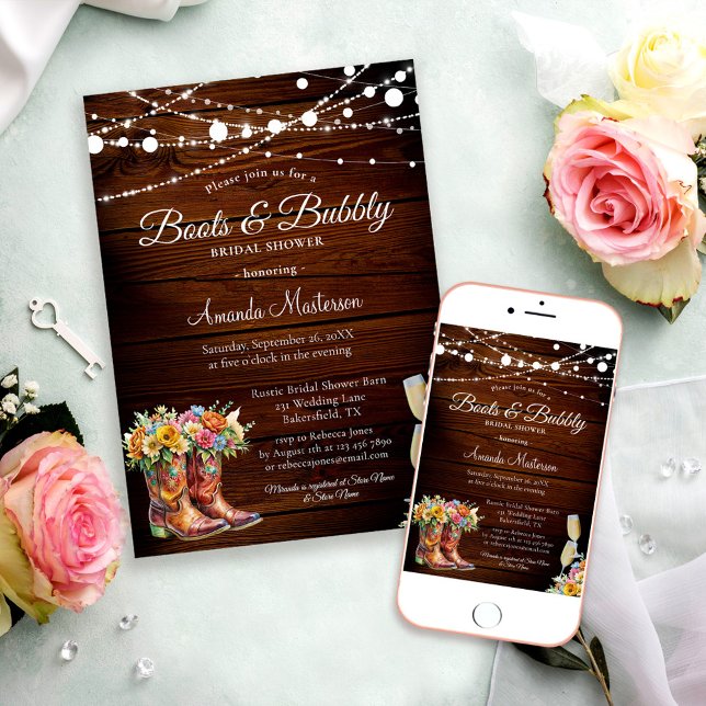 Rustic Wood Boots and Bubbly Western Bridal Shower Invitation (Creator Uploaded)