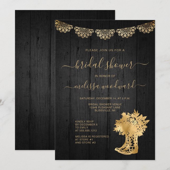 Rustic Wood Boots Lace Black Gold Bridal Shower Invitation (Front/Back)