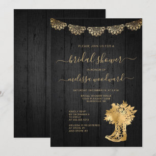 Rustic Wood Boots Lace Black Gold Bridal Shower Invitation