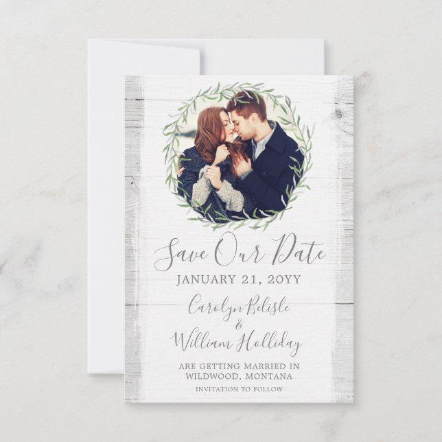 Rustic Wood & Botanical Leaf Wreath Save The Date Invitation (Front)