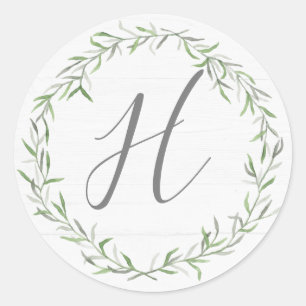 Rustic Wood & Botanical Leaves Monogram Letter Classic Round Sticker