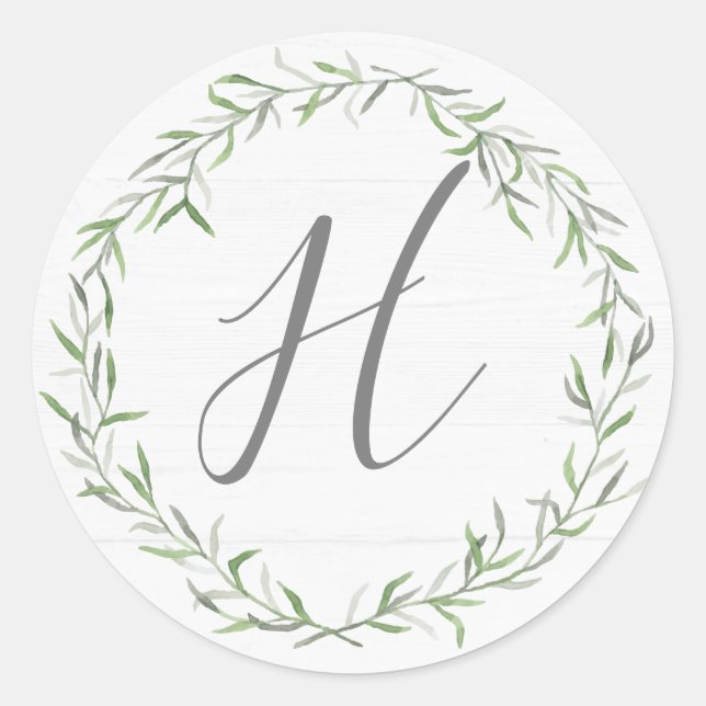 Rustic Wood & Botanical Leaves Monogram Letter Classic Round Sticker (Front)