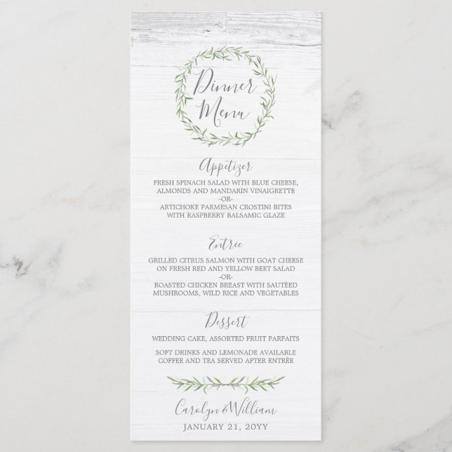 Rustic Wood & Botanical Leaves Wreath Dinner Menu (Front)