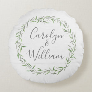 Rustic Wood & Botanical Leaves Wreath Wedding Round Cushion