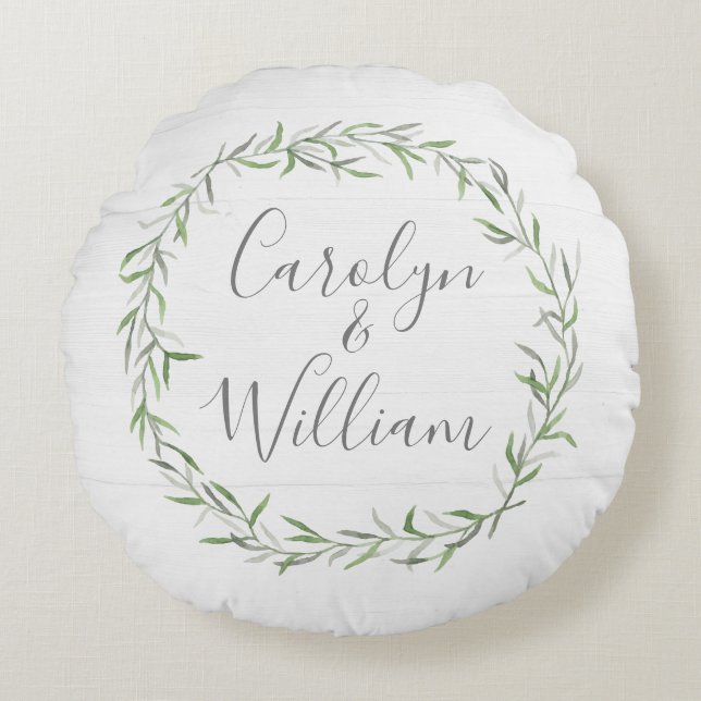 Rustic Wood & Botanical Leaves Wreath Wedding Round Cushion (Front)