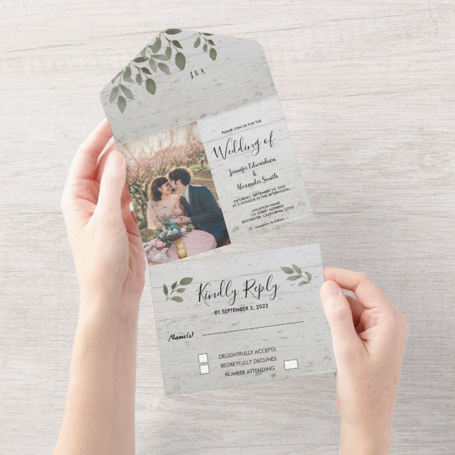 Rustic wood botanical monogram photo wedding all in one invitation (Tearaway)