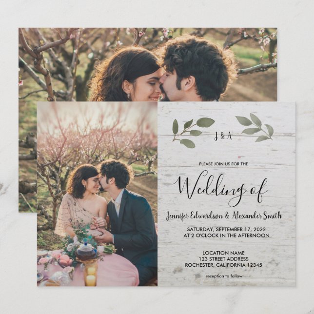 Rustic wood botanical monogram photo Wedding Invitation (Front/Back)