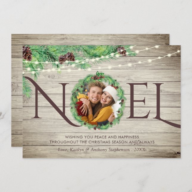 Rustic Wood Botanical Pine Wreath NOEL 1 Photo Holiday Card (Front/Back)