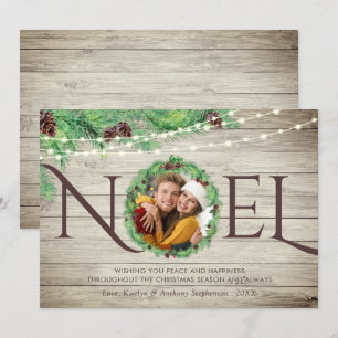 Rustic Wood Botanical Pine Wreath NOEL 1 Photo Holiday Card