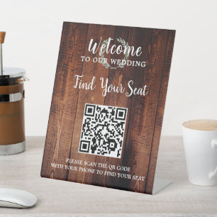 Rustic wood botanical QR code wedding seating Pedestal Sign
