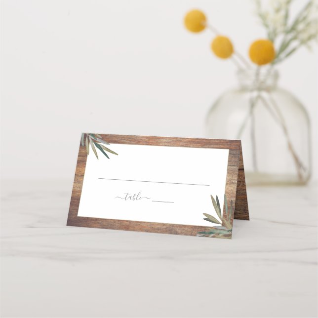 Rustic Wood Botanical Watercolor Herb Wedding Place Card (Front)