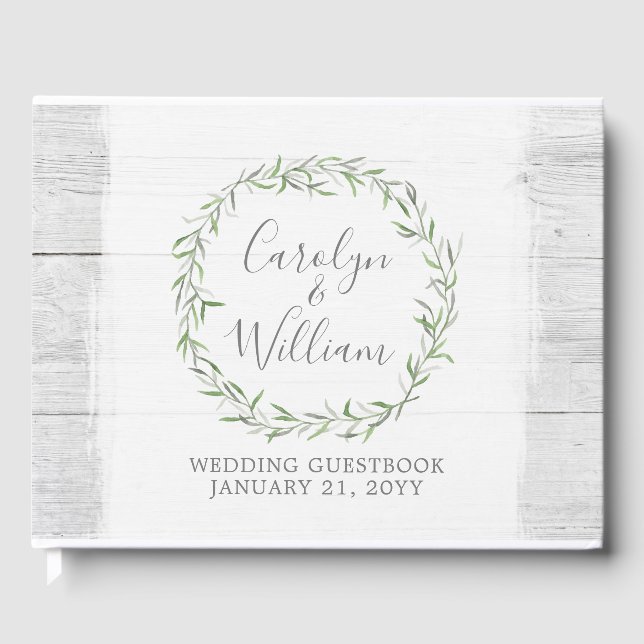 Rustic Wood & Botanical Wreath Leaves Wedding Guest Book (Front)