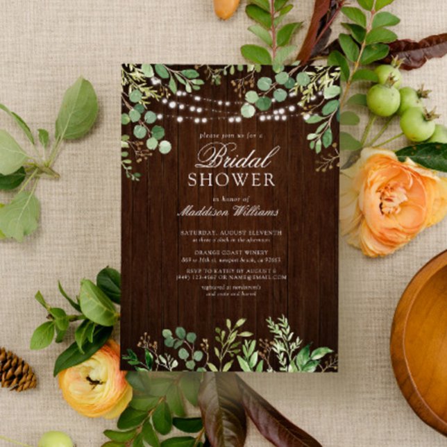 Rustic Wood Botanicals String Lights Bridal Shower Invitation (Creator Uploaded)