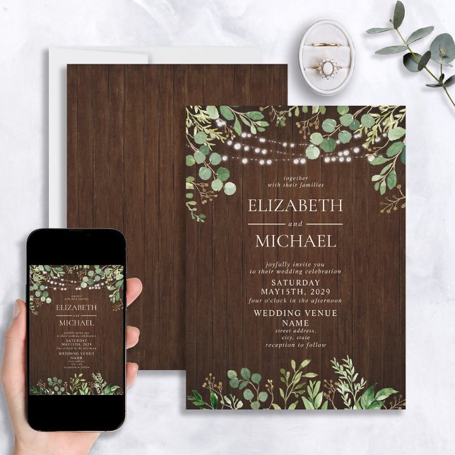 Rustic Wood Botanicals String Lights Farm Wedding Invitation (Creator Uploaded)