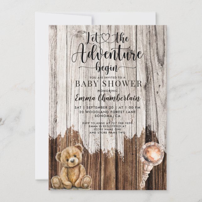 Rustic Wood Boy Baby Adventure Begins Shower Invitation (Front)