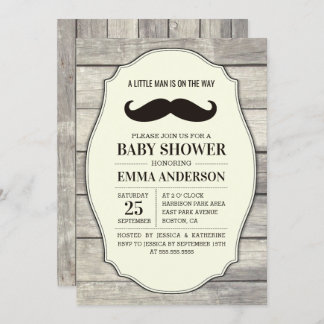 Rustic Wood Boy Baby Shower Invitation - Moustache