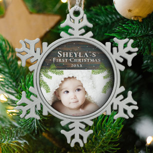 Rustic Wood Branches Baby`s First Christmas Photo Snowflake Pewter Christmas Ornament