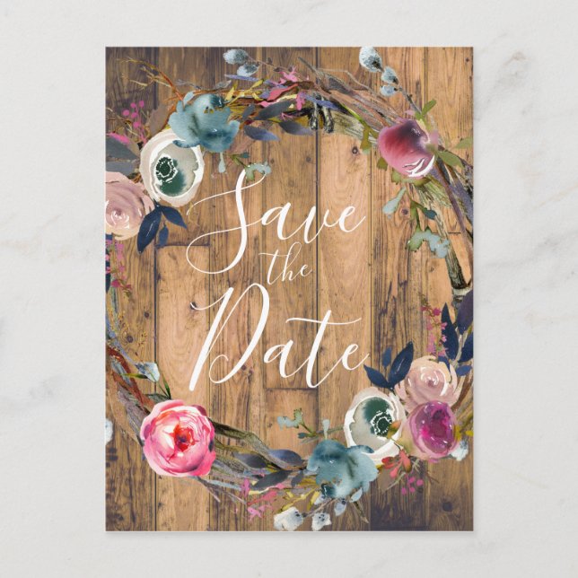 Rustic Wood Branches Floral Wreath Save the Date Announcement Postcard (Front)