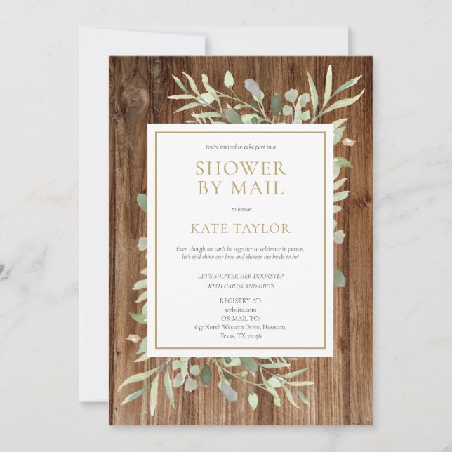 Rustic Wood Bridal Shower By Mail Greenery Invitation (Front)