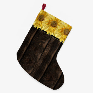 Rustic Wood Bright Yellow Sunflower Large Christmas Stocking