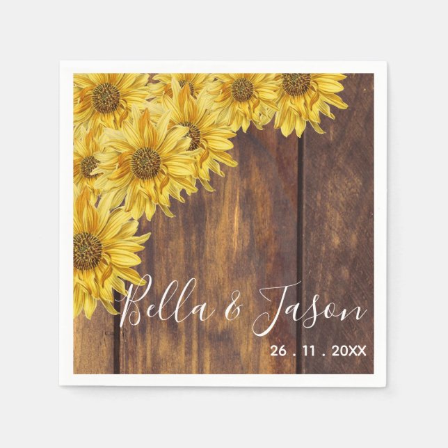 Rustic Wood Bright Yellow Sunflower Wedding Party  Napkin (Front)