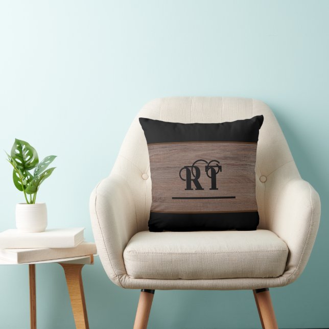 Rustic Wood Brown and Black Monogram  Cushion (Chair)