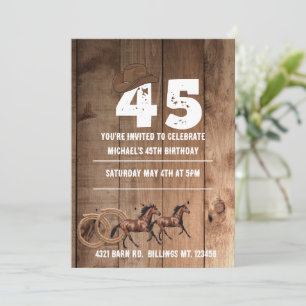 Rustic wood brown cowboy themed 45th birthday  invitation