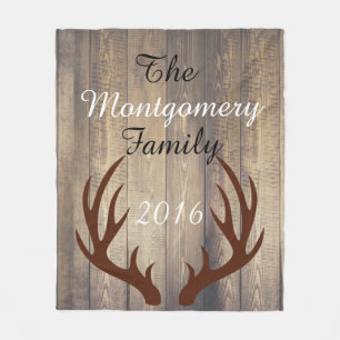 Rustic  Wood Brown Deer Antlers Family Name Fleece Blanket