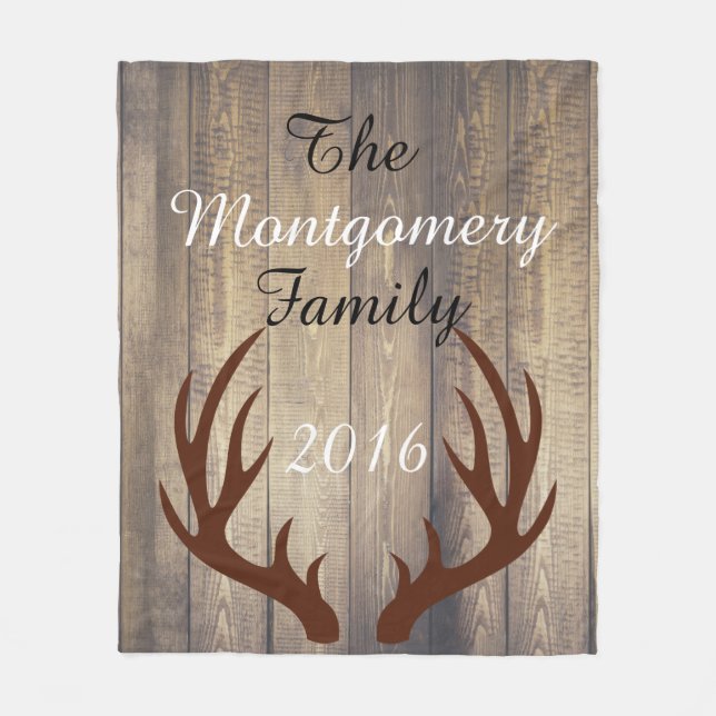 Rustic  Wood Brown Deer Antlers Family Name Fleece Blanket (Front)