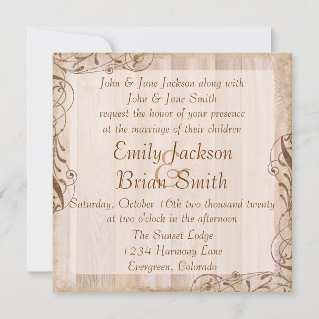 Rustic wood brown theme wedding invitations (Front)