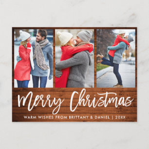 Rustic Wood Brush Script 3 Photo Couple Christmas Postcard
