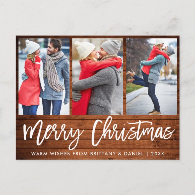 Rustic Wood Brush Script 3 Photo Couple Christmas Postcard (Front)