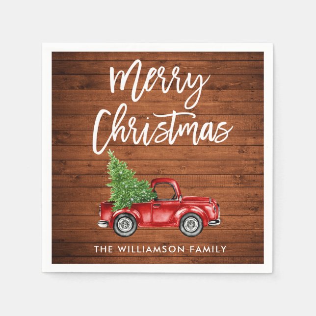 Rustic Wood Brush Script Christmas Vintage Truck Napkin (Front)