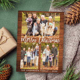 Rustic Wood Brush Script Family 3 Photo Christmas Postcard