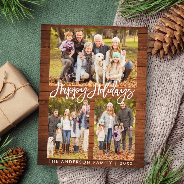 Rustic Wood Brush Script Family 3 Photo Holidays Postcard (Customize to change your personalized text size or text style.)