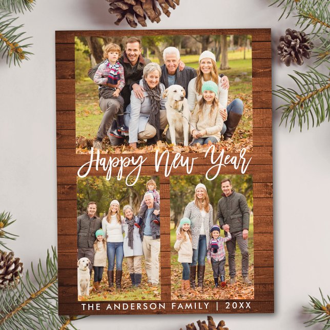 Rustic Wood Brush Script Family 3 Photo New Year Postcard (Customize to change your personalized text size or text style.)