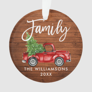 Rustic Wood Brush Script Family Vintage Red Truck Ornament